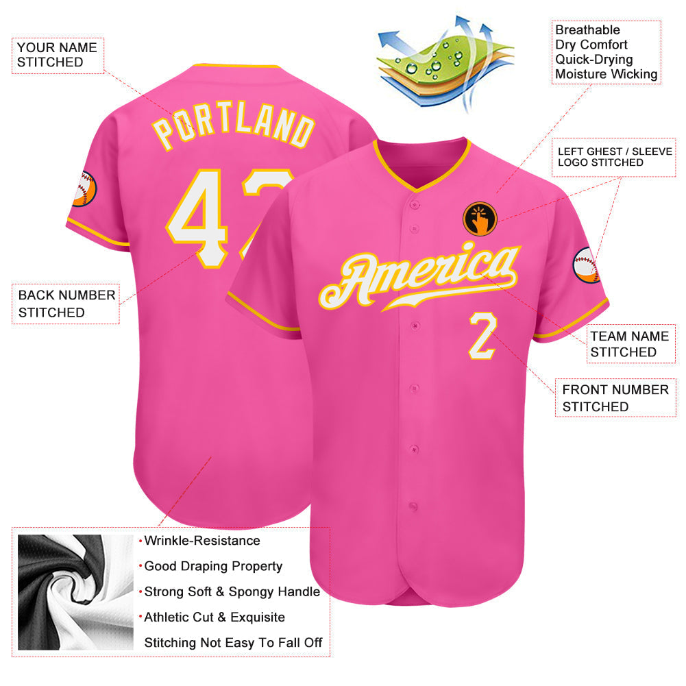 Custom Pink White-Gold Authentic Baseball Jersey baseball jersey product view 3