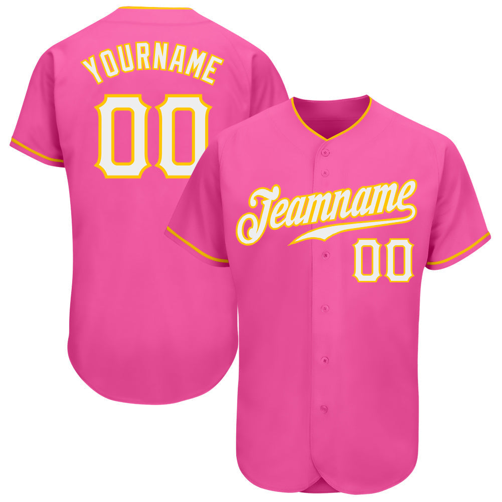 Custom Pink White-Gold Authentic Baseball Jersey baseball jersey product view 1