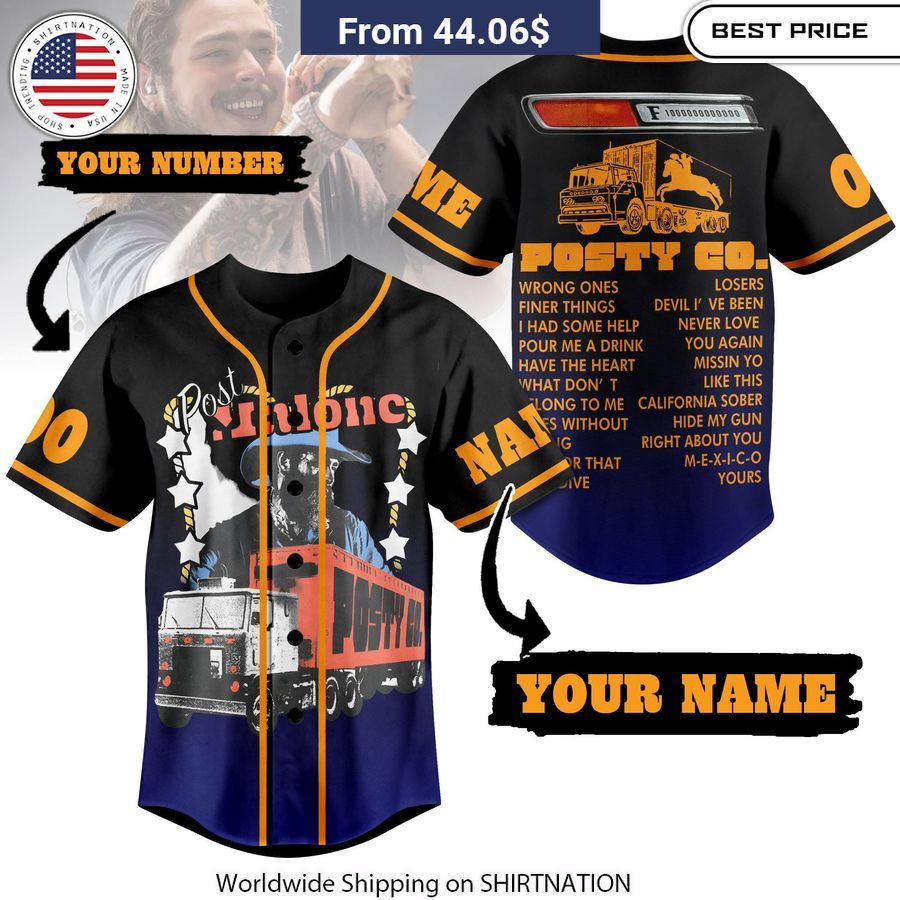 Post Malone Posty Co CUSTOM Baseball Jersey baseball jersey product view 1