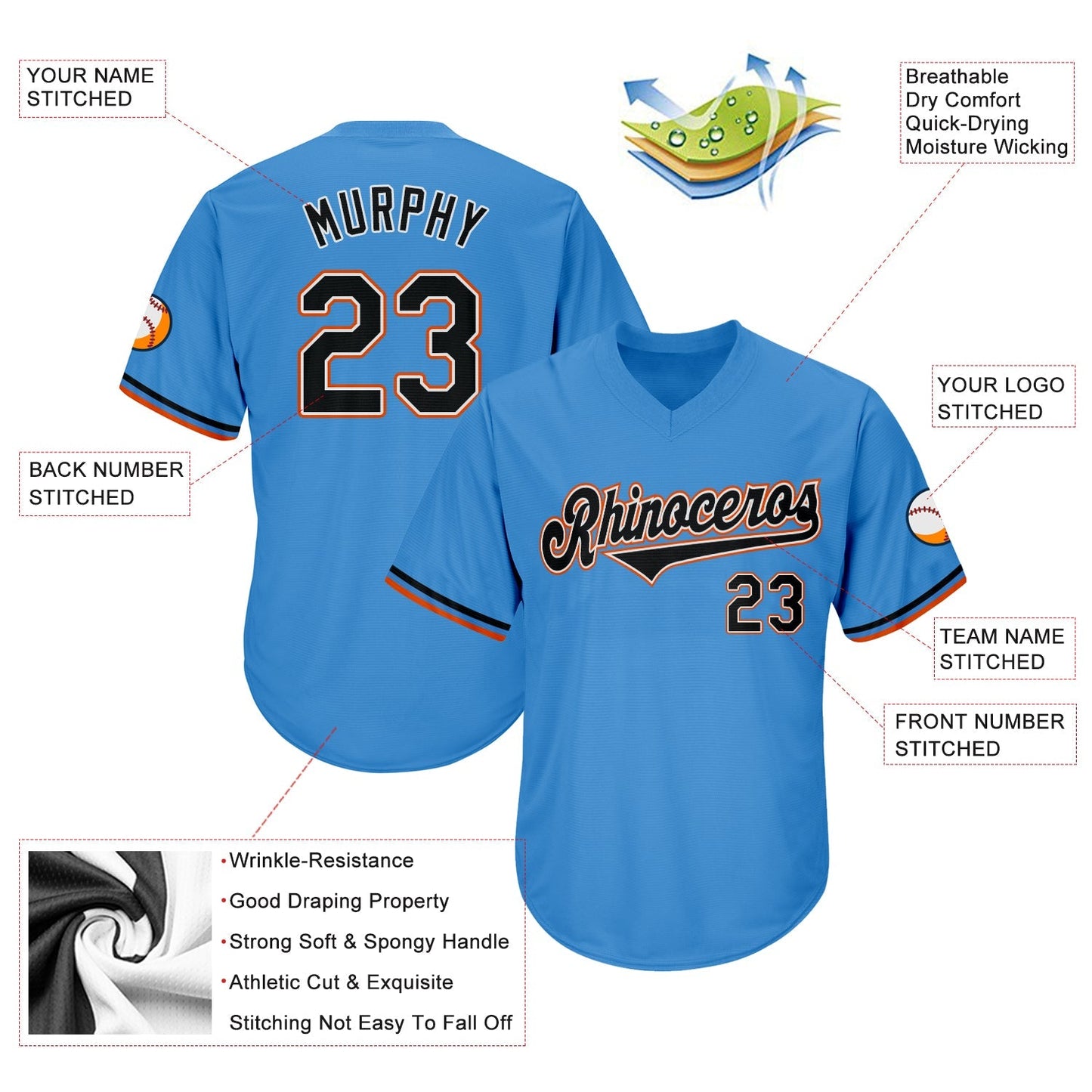 Custom Powder Blue Black-Orange Authentic Throwback Rib-Knit Baseball Jersey Shirt baseball jersey product view 4