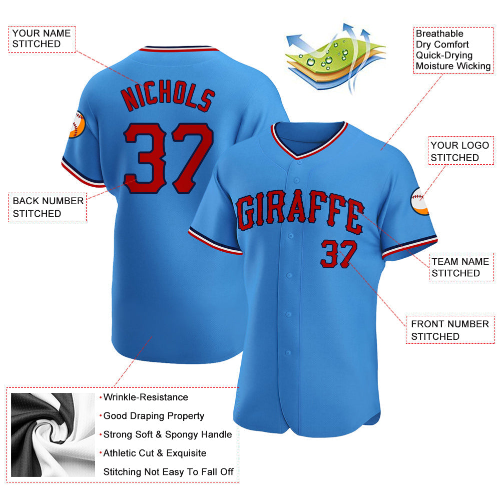 Custom Powder Blue Red-Navy Authentic Baseball Jersey baseball jersey product view 3