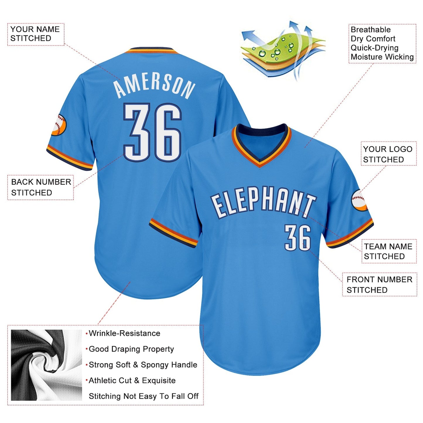 Custom Powder Blue White-Navy Authentic Throwback Rib-Knit Baseball Jersey Shirt baseball jersey product view 4
