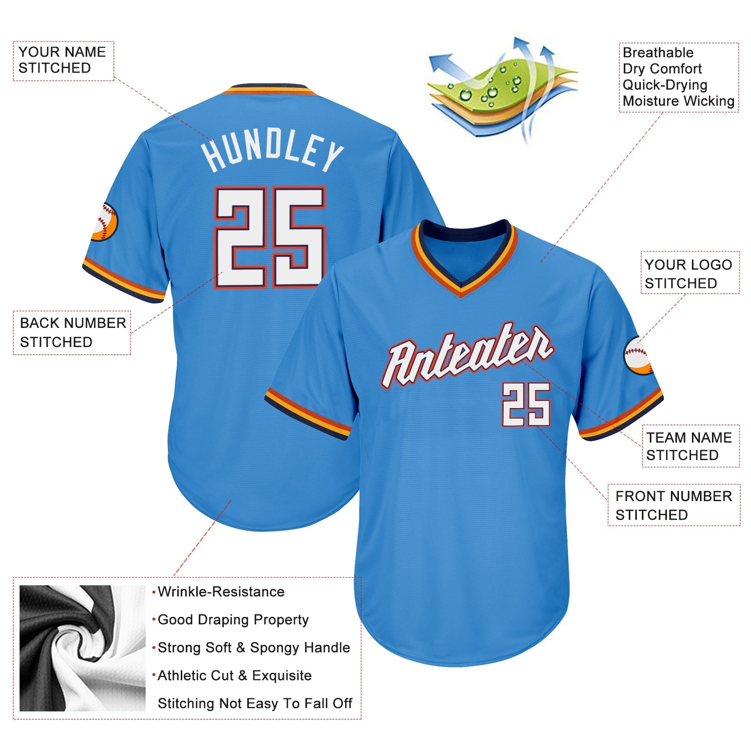 Custom Powder Blue White-Orange Authentic Throwback Rib-Knit Baseball Jersey Shirt baseball jersey product view 4