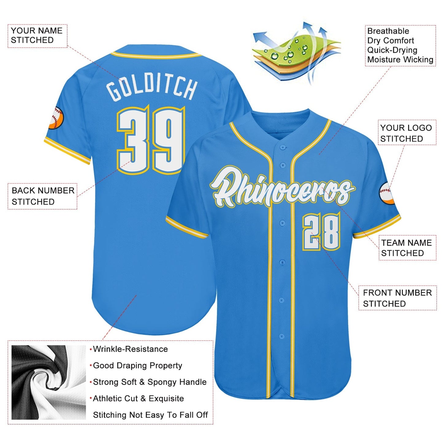 Custom Powder Blue White-Gold Authentic Baseball Jersey baseball jersey product view 3