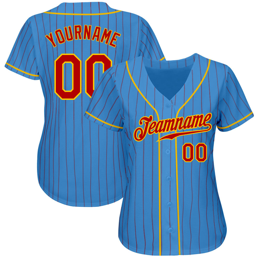 Custom Powder Blue Red Pinstripe Red-Gold Authentic Baseball Jersey baseball jersey product view 2