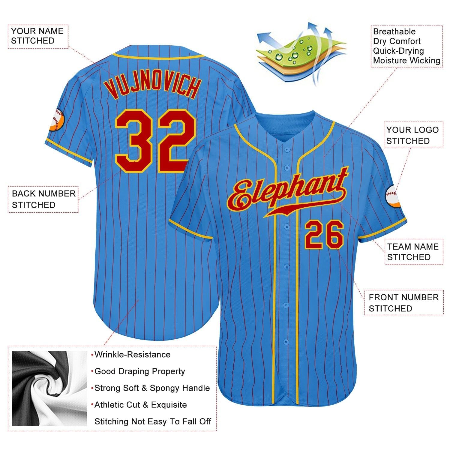 Custom Powder Blue Red Pinstripe Red-Gold Authentic Baseball Jersey baseball jersey product view 3