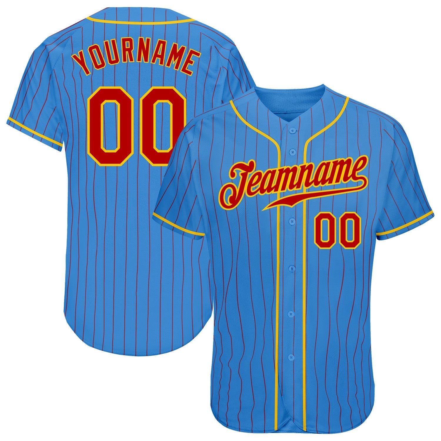 Custom Powder Blue Red Pinstripe Red-Gold Authentic Baseball Jersey baseball jersey product view 1