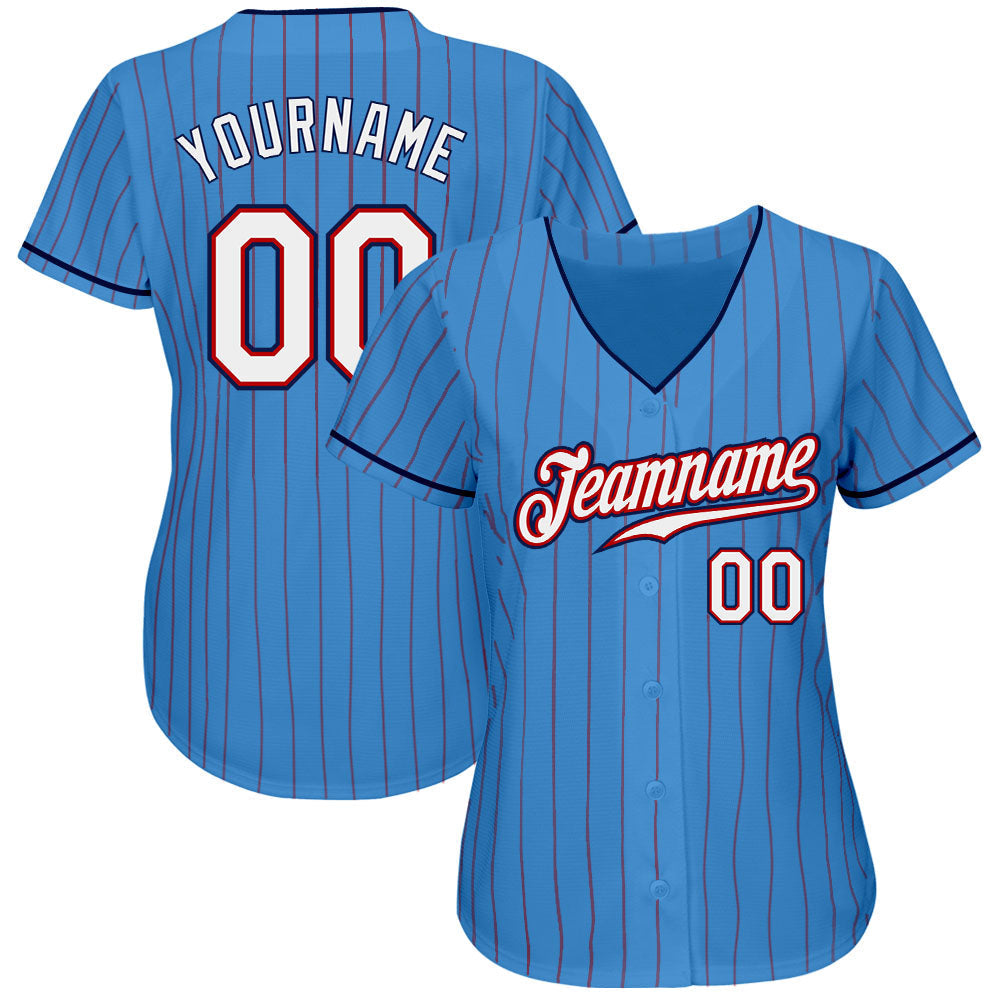Custom Powder Blue Red Pinstripe White-Navy Authentic Baseball Jersey baseball jersey product view 2