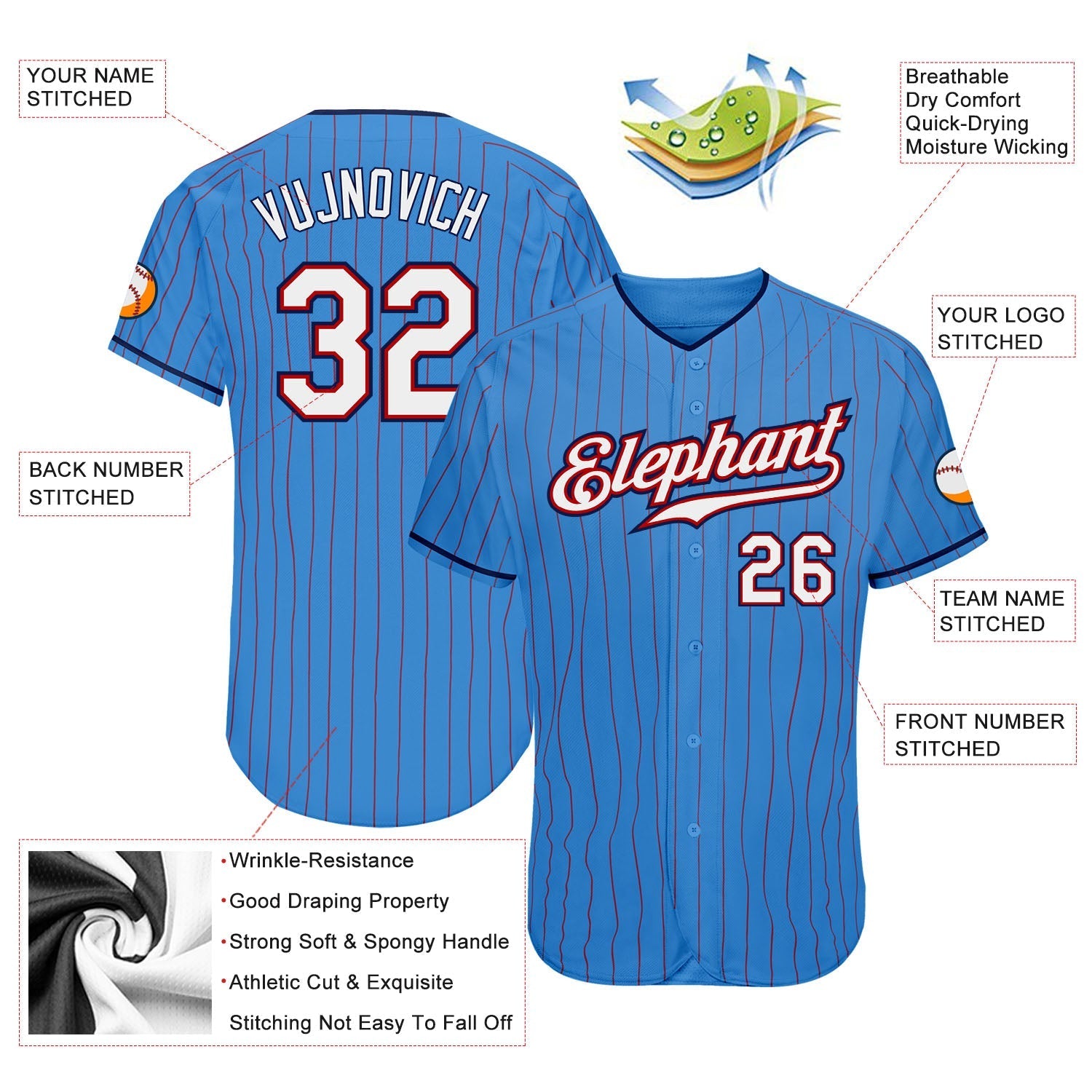 Custom Powder Blue Red Pinstripe White-Navy Authentic Baseball Jersey baseball jersey product view 3