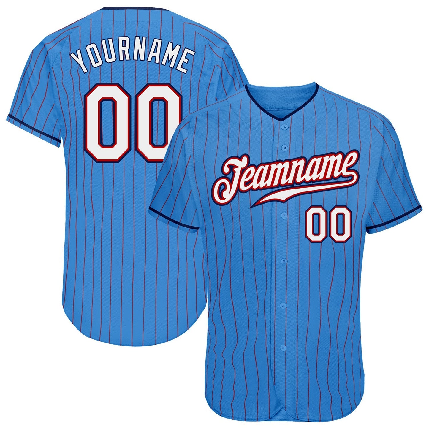 Custom Powder Blue Red Pinstripe White-Navy Authentic Baseball Jersey baseball jersey product view 1