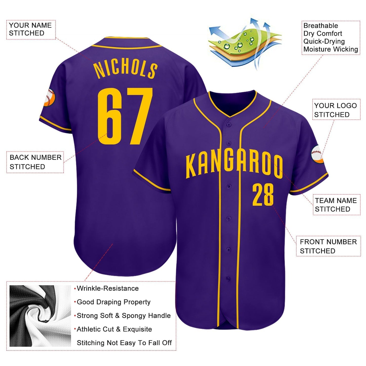 Custom Purple Gold Authentic Baseball Jersey baseball jersey product view 3