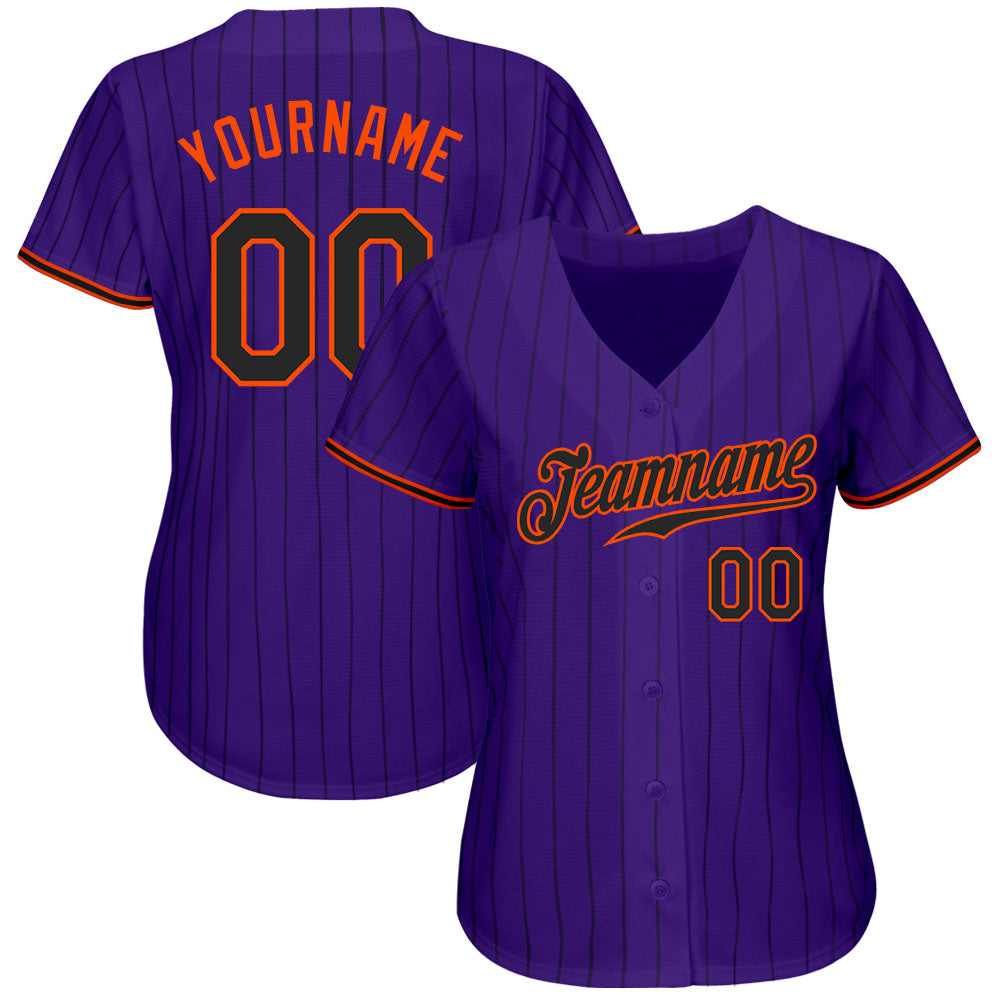 Custom Purple Black Pinstripe Black-Orange Authentic Baseball Jersey baseball jersey product view 2