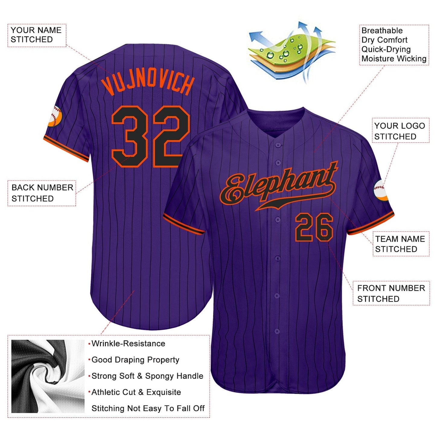 Custom Purple Black Pinstripe Black-Orange Authentic Baseball Jersey baseball jersey product view 3