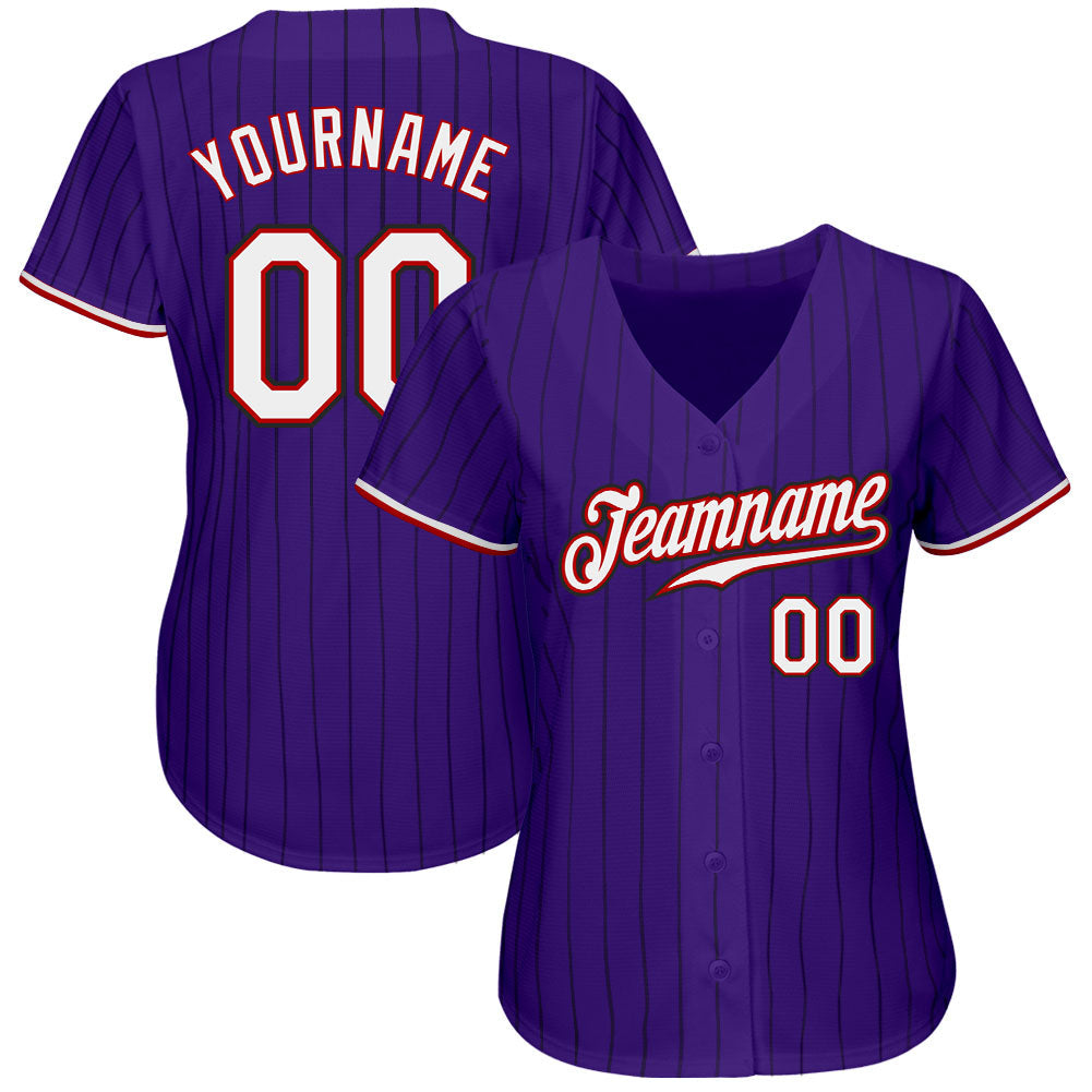 Custom Purple Black Pinstripe White-Red Authentic Baseball Jersey baseball jersey product view 2