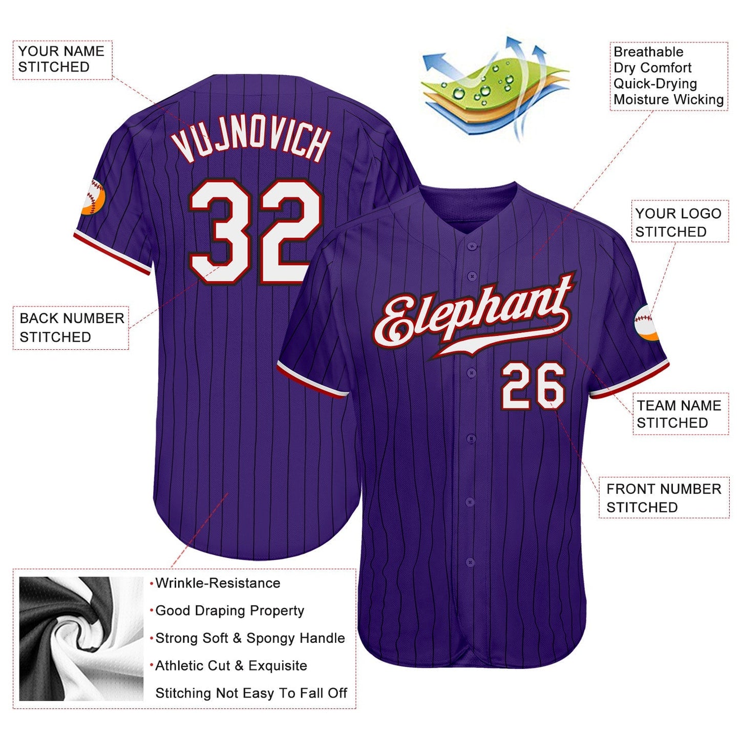 Custom Purple Black Pinstripe White-Red Authentic Baseball Jersey baseball jersey product view 3