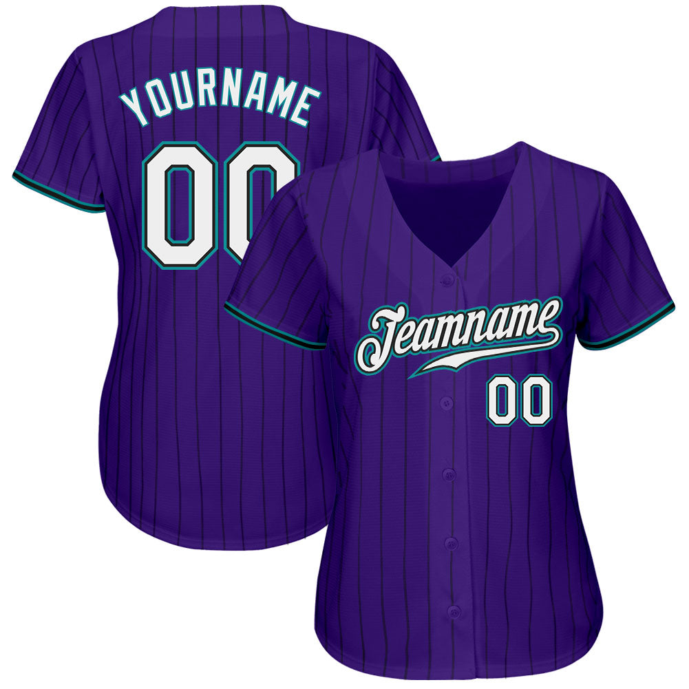 Custom Purple Black Pinstripe White-Teal Authentic Baseball Jersey baseball jersey product view 2
