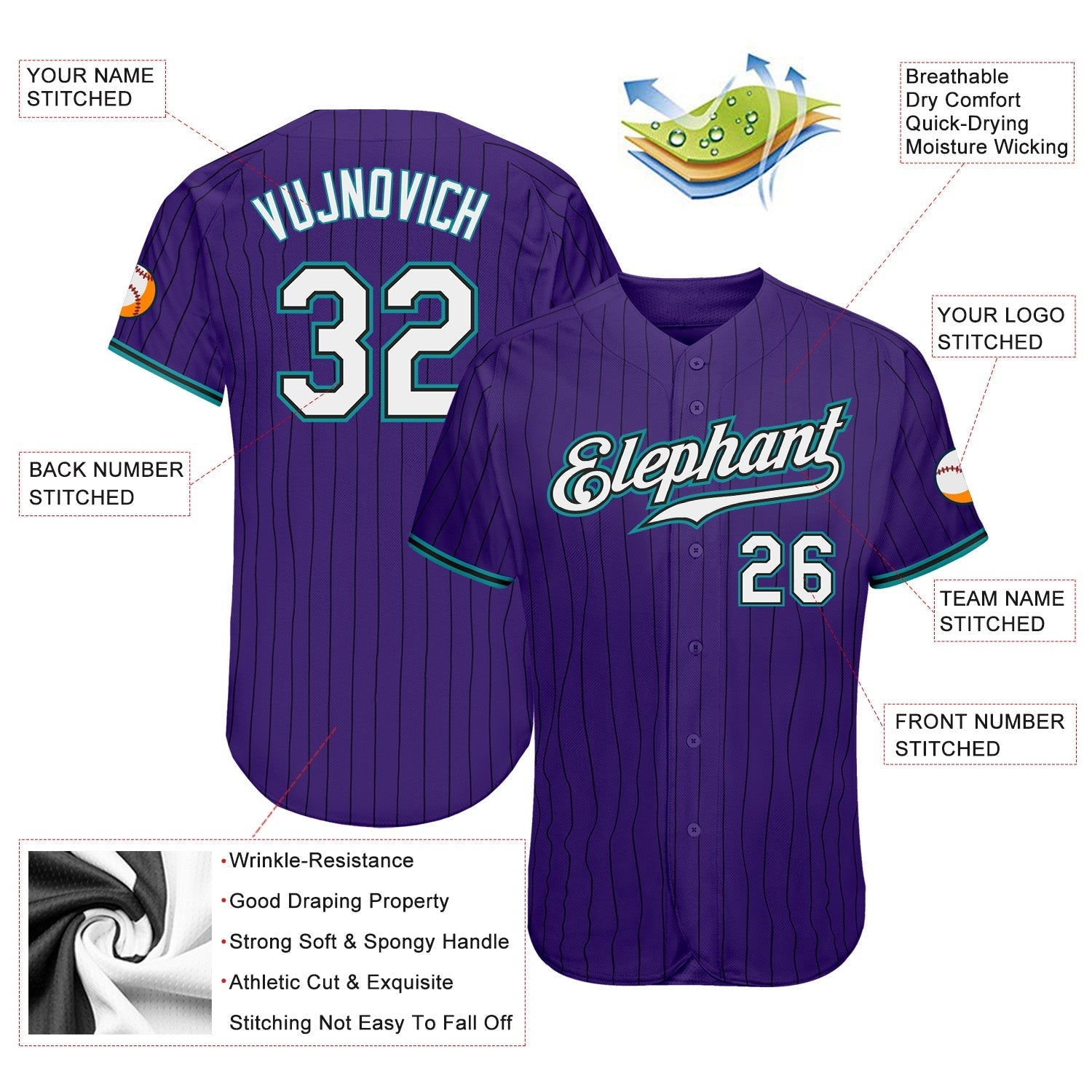 Custom Purple Black Pinstripe White-Teal Authentic Baseball Jersey baseball jersey product view 3