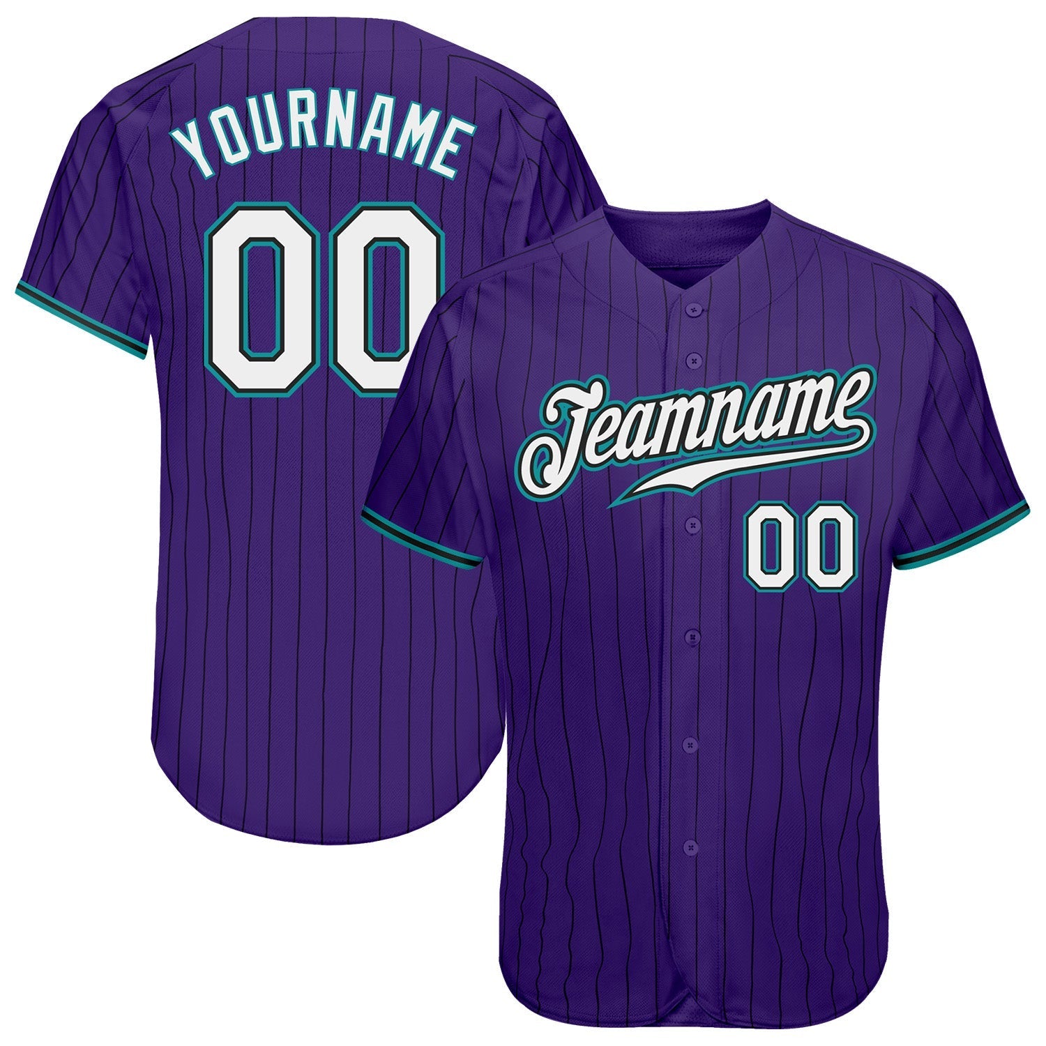 Custom Purple Black Pinstripe White-Teal Authentic Baseball Jersey baseball jersey product view 1