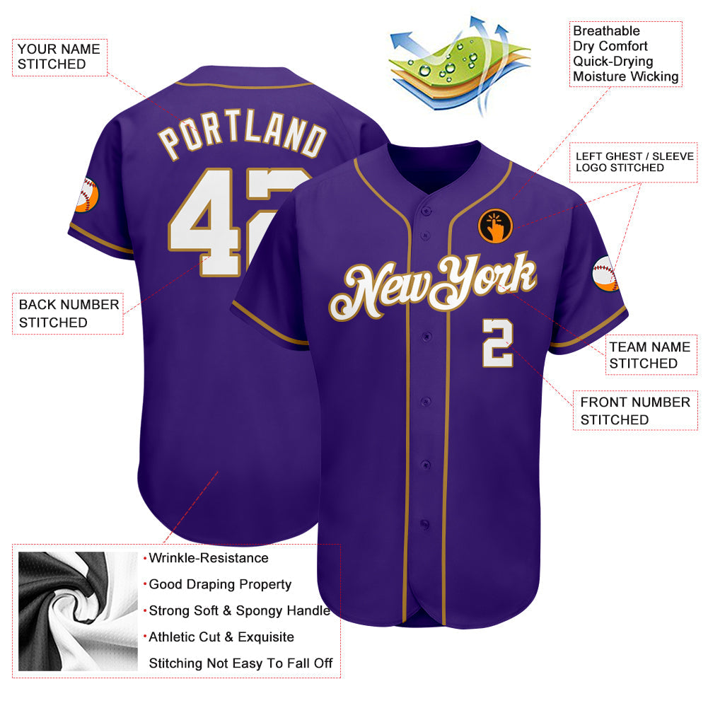 Custom Purple White-Old Gold Authentic Baseball Jersey baseball jersey product view 3