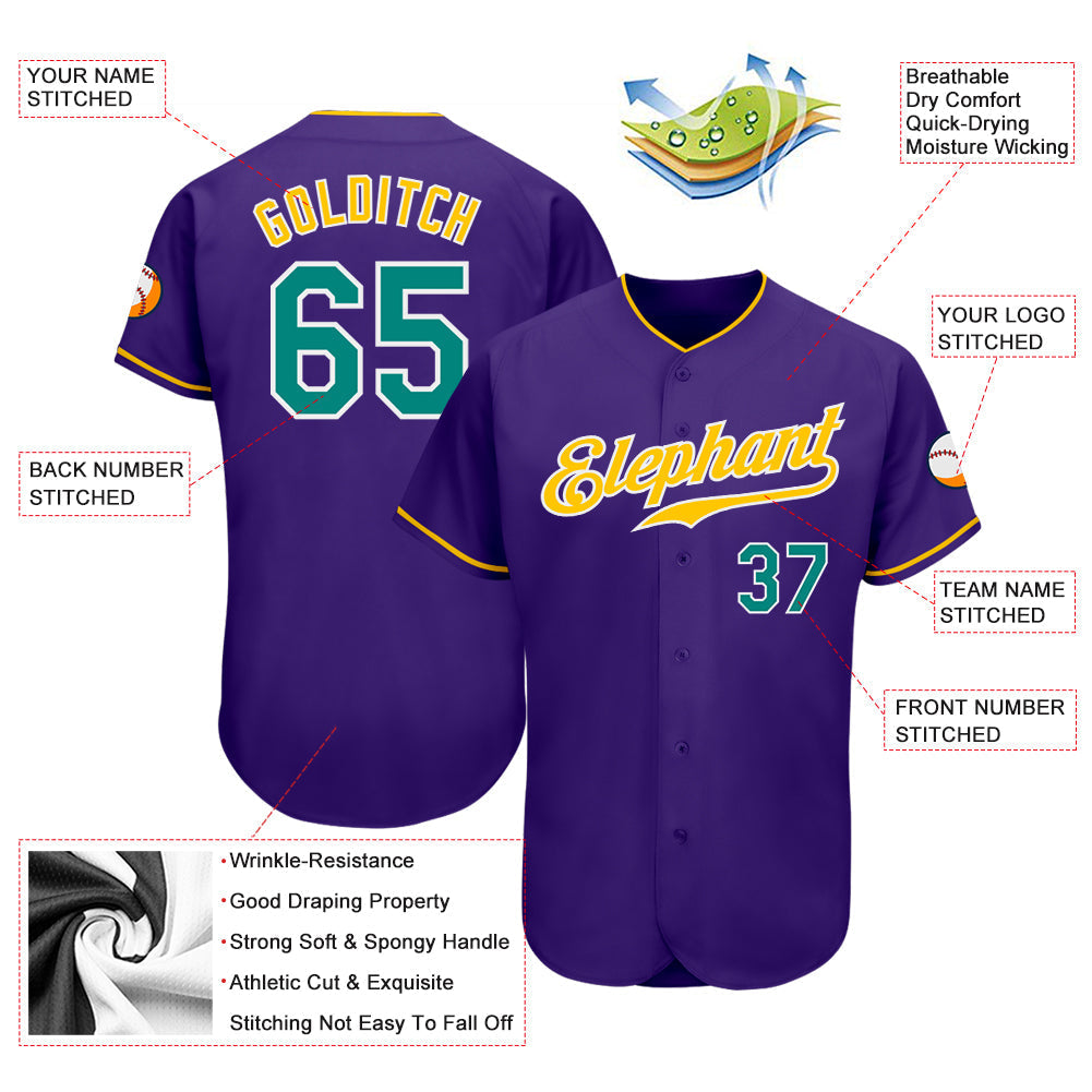 Custom Purple Aqua-Gold Authentic Baseball Jersey baseball jersey product view 4