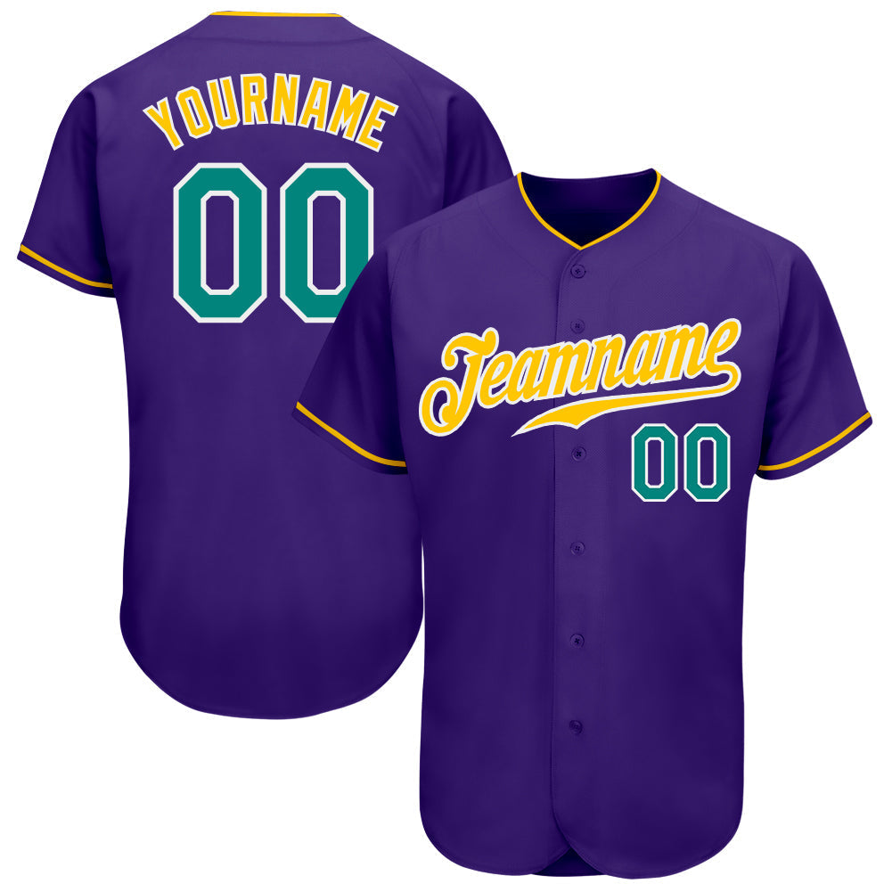Custom Purple Aqua-Gold Authentic Baseball Jersey baseball jersey product view 1