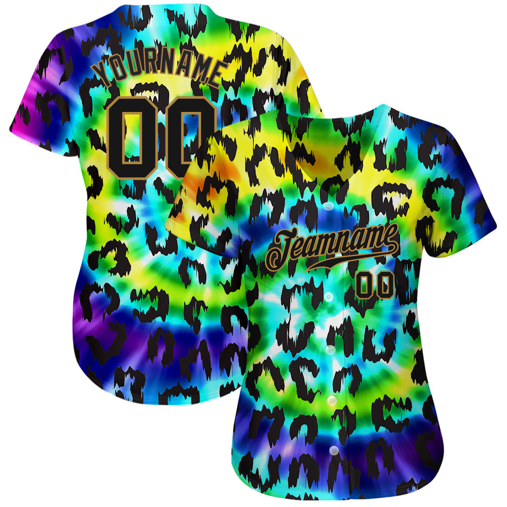Custom Purple Black-Old Gold 3D Pattern Design Leopard Authentic Baseball Jersey baseball jersey product view 2