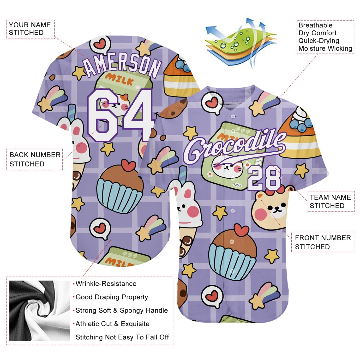 Custom Purple White-Purple 3D Pattern Design Sticker Cartoons Authentic Baseball Jersey baseball jersey product view 3