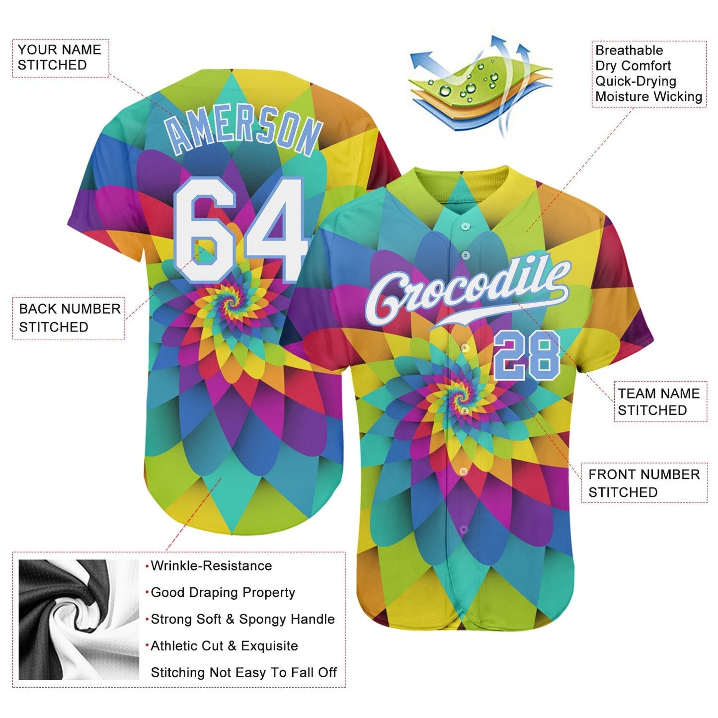 Custom Purple White-Light Blue 3D Pattern Design Rainbow Spiral Authentic Baseball Jersey baseball jersey product view 3