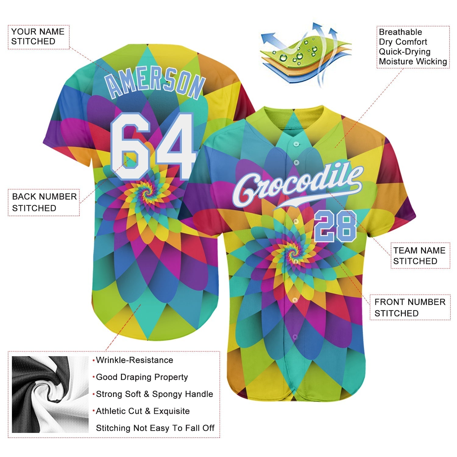 Custom Purple White-Light Blue 3D Pattern Design Rainbow Spiral Authentic Baseball Jersey baseball jersey product view 3