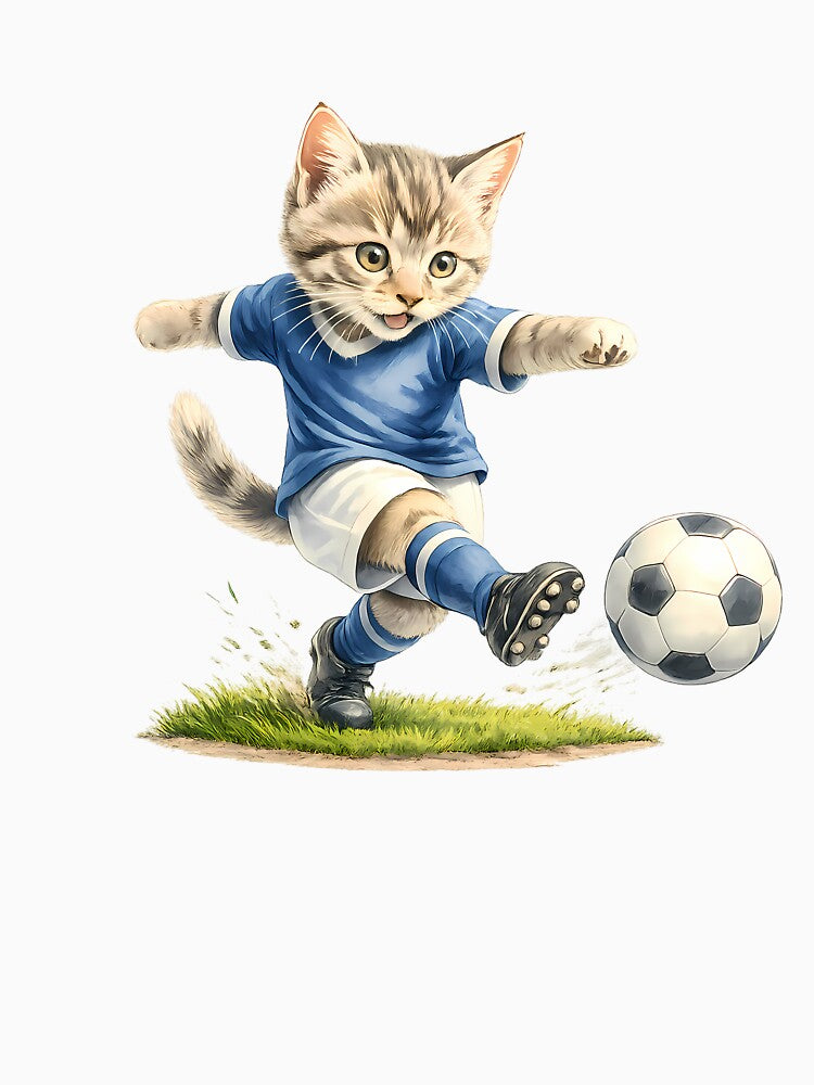 Blue Soccer Tabby Cat Football Kick Illustration - Adult & Kids T-Shirts, Sweatshirts & Hoodies apparel design preview 3