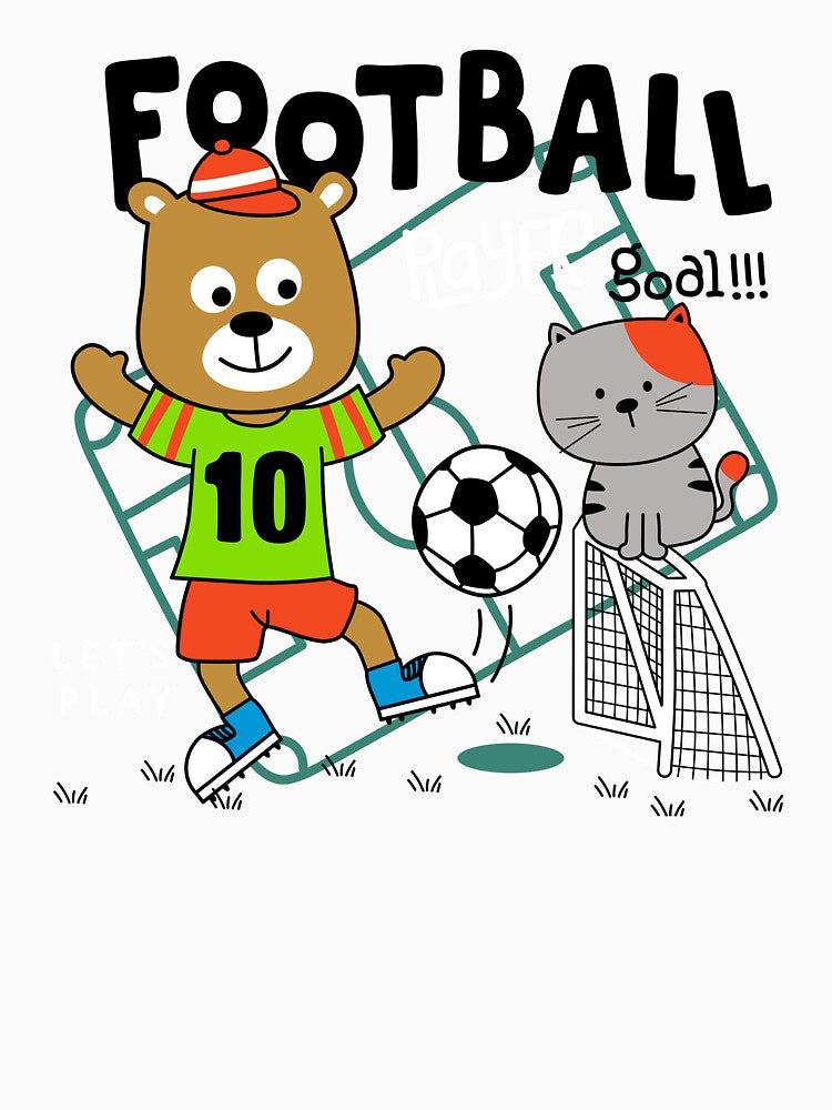 Cartoon bear playing soccer, with cat, and by - Adult & Kids T-Shirts, Sweatshirts & Hoodies apparel design preview 3