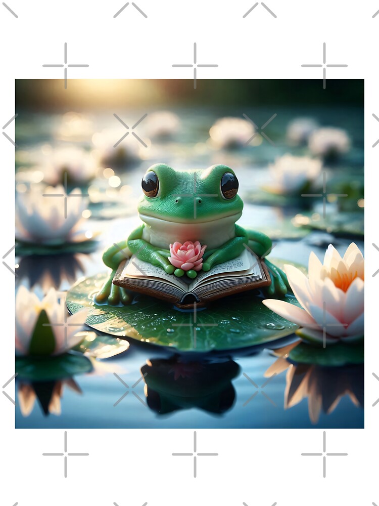 Cute Frog Reading Book Lily Pad by AI-Only Creations - Adult & Kids T-Shirts, Sweatshirts & Hoodies apparel design preview 3