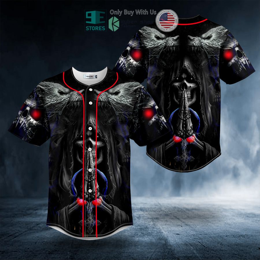 BEST Red Neckline Werewolves Viking Reaper Prayer Skull Baseball Shirt baseball jersey product view 1