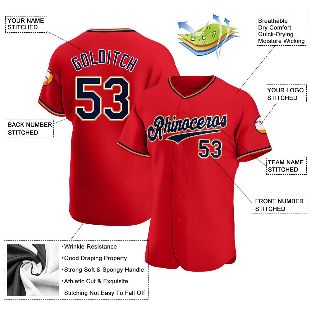 Custom Red Navy-Old Gold Authentic Baseball Jersey baseball jersey product view 3