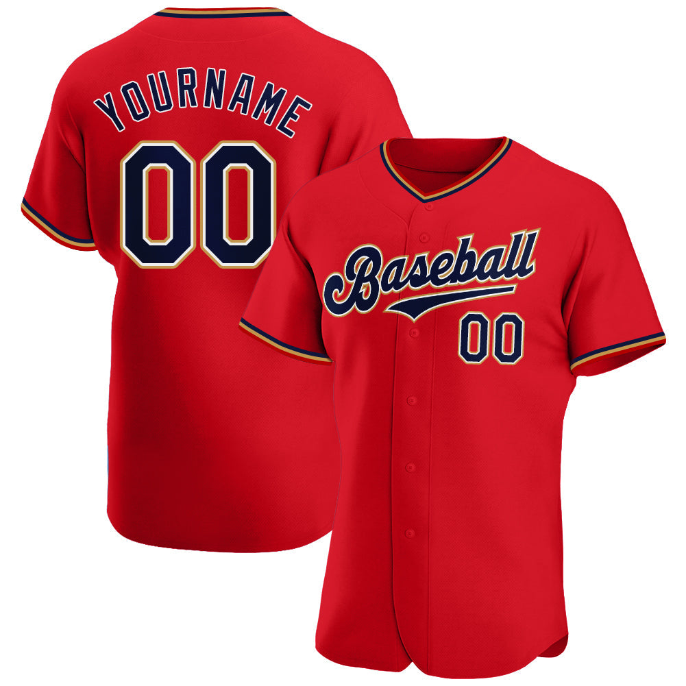 Custom Red Navy-Old Gold Authentic Baseball Jersey baseball jersey product view 1