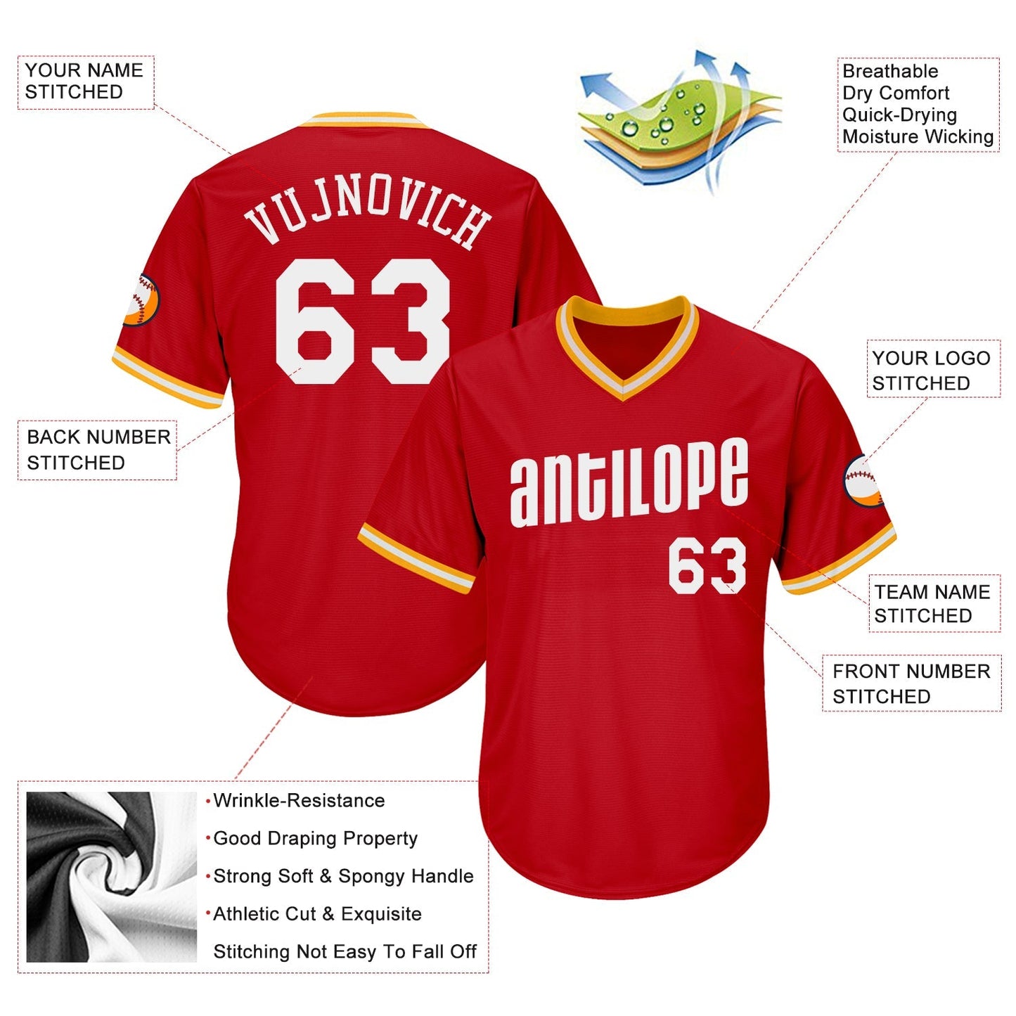 Custom Red White-Gold Authentic Throwback Rib-Knit Baseball Jersey Shirt baseball jersey product view 4