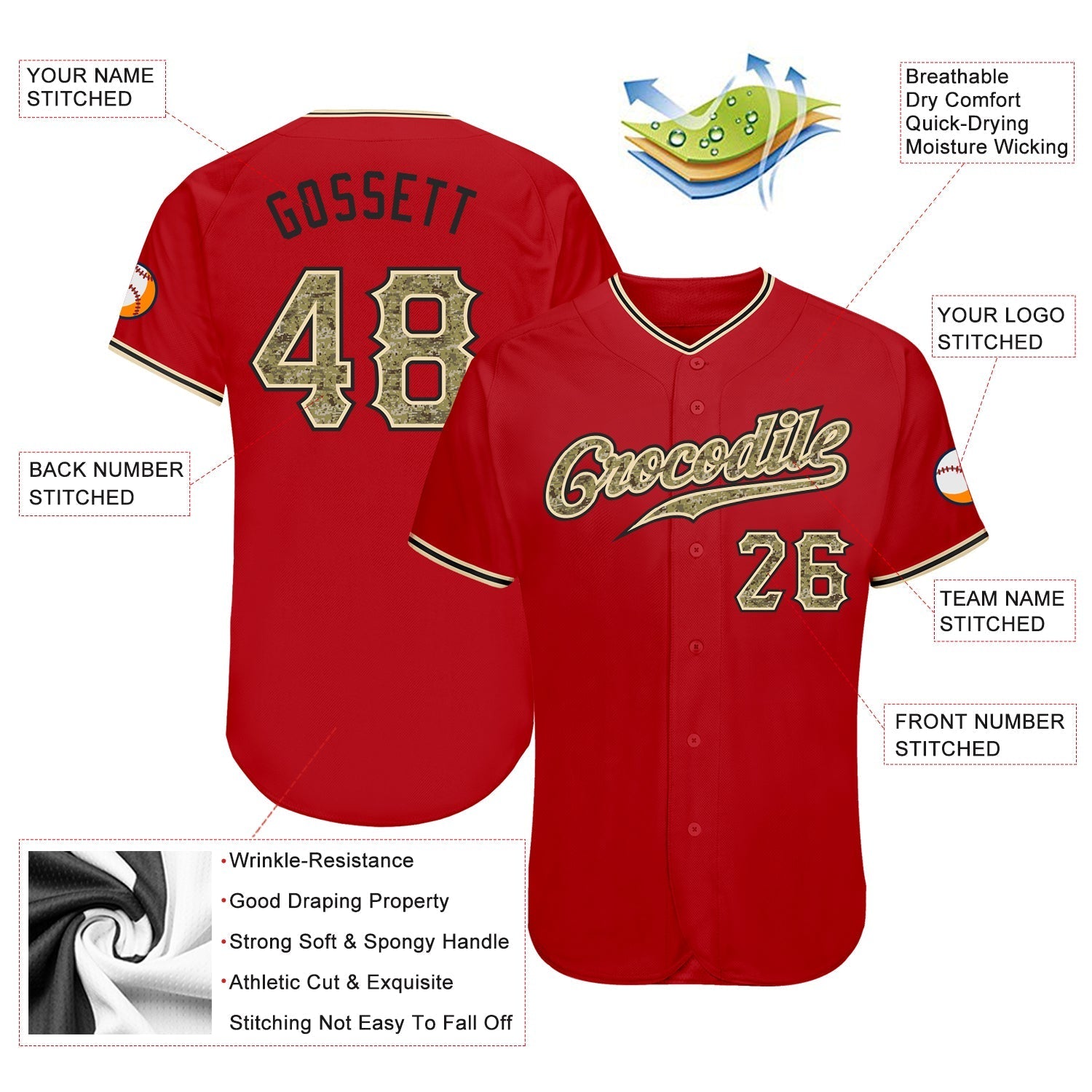 Custom Red Camo-Black Authentic Baseball Jersey baseball jersey product view 3
