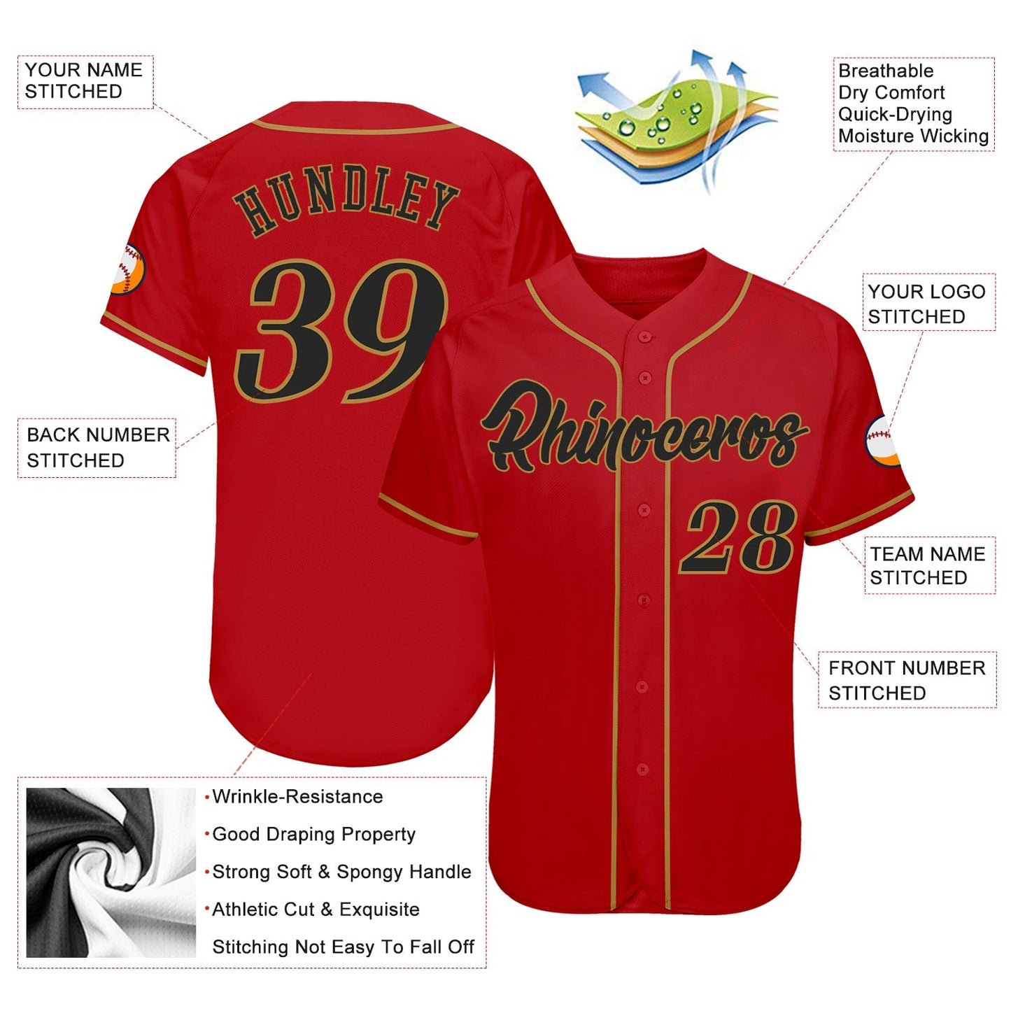 Custom Red Black-Old Gold Authentic Baseball Jersey baseball jersey product view 3