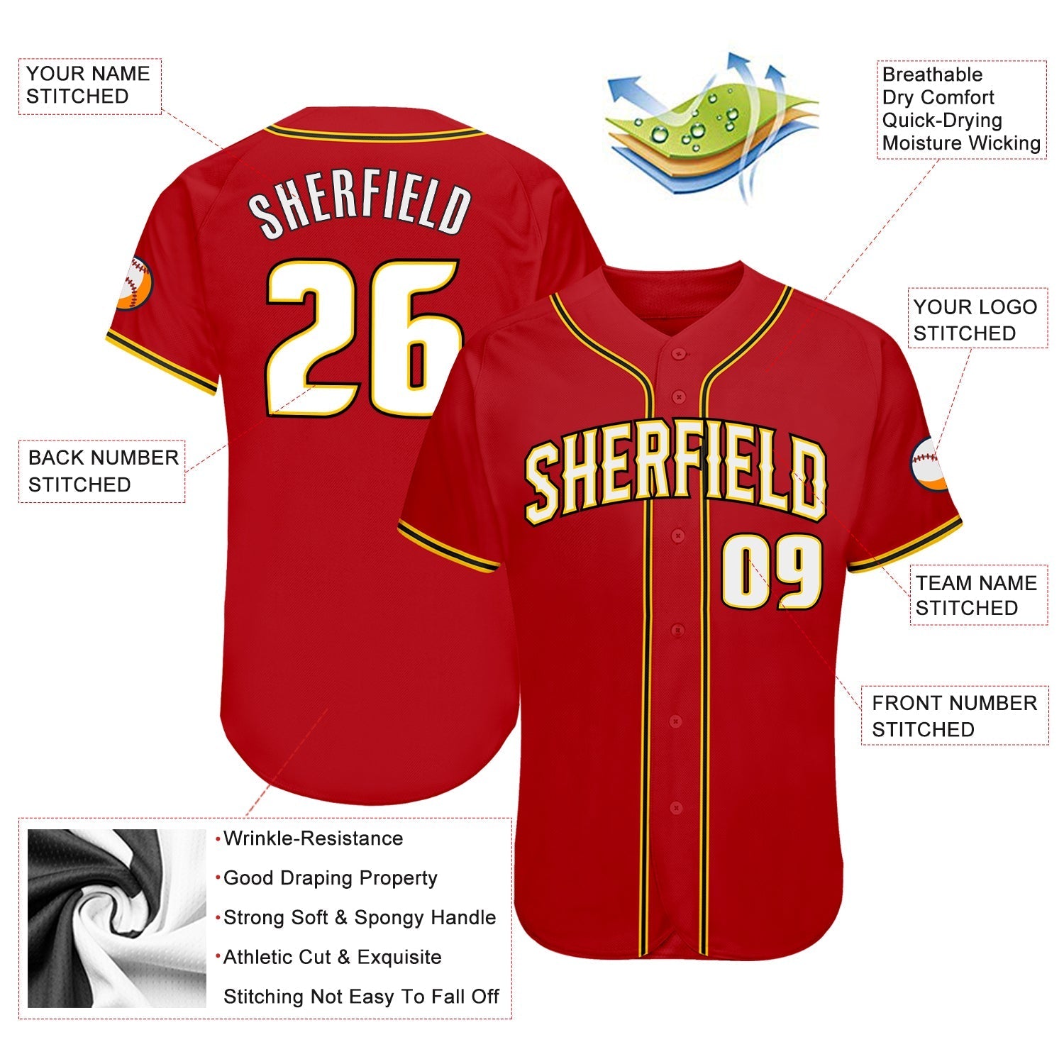 Custom Red White-Gold Authentic Baseball Jersey baseball jersey product view 3