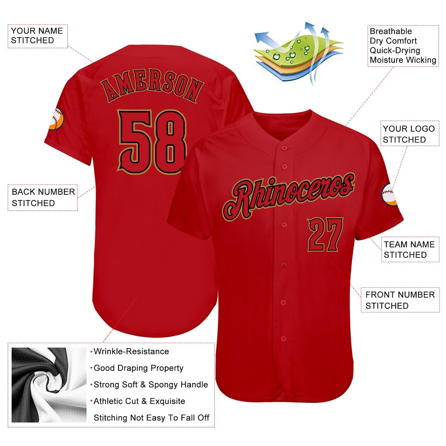Custom Red Red-Black Authentic Baseball Jersey baseball jersey product view 3