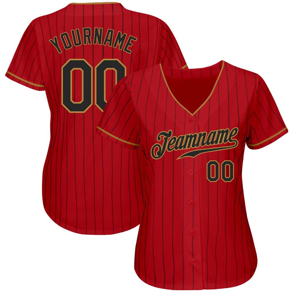Custom Red Black Pinstripe Black-Old Gold Authentic Baseball Jersey baseball jersey product view 2