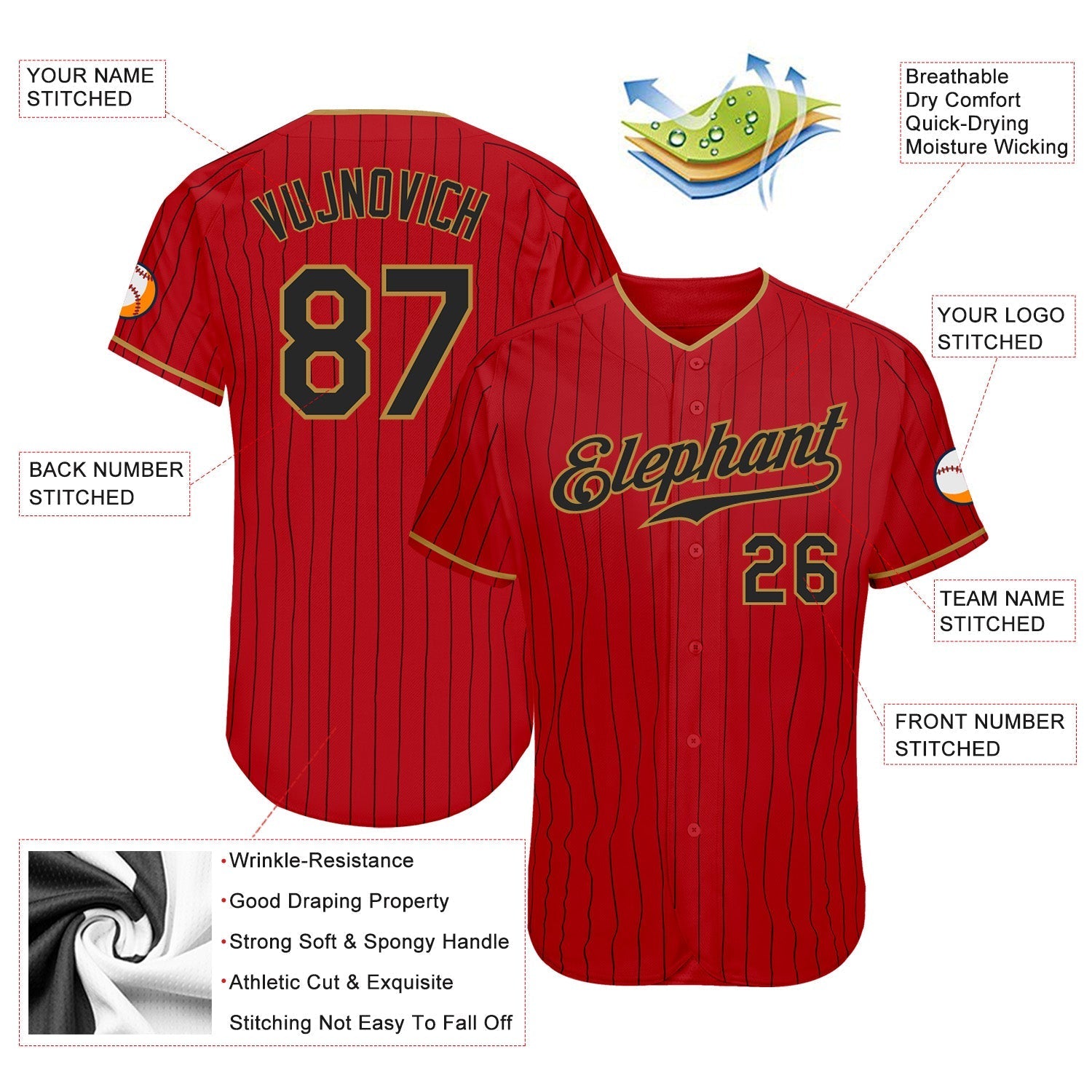 Custom Red Black Pinstripe Black-Old Gold Authentic Baseball Jersey baseball jersey product view 3