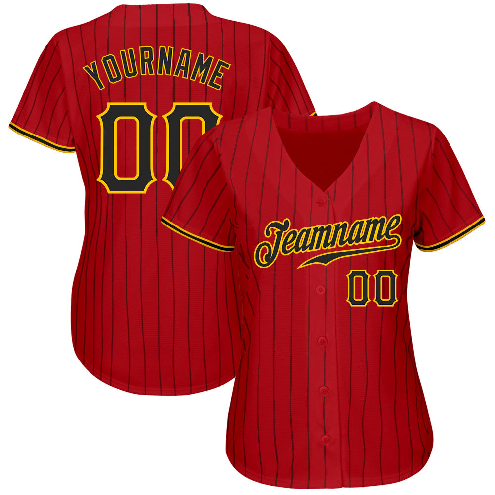 Custom Red Black Pinstripe Black-Gold Authentic Baseball Jersey baseball jersey product view 2