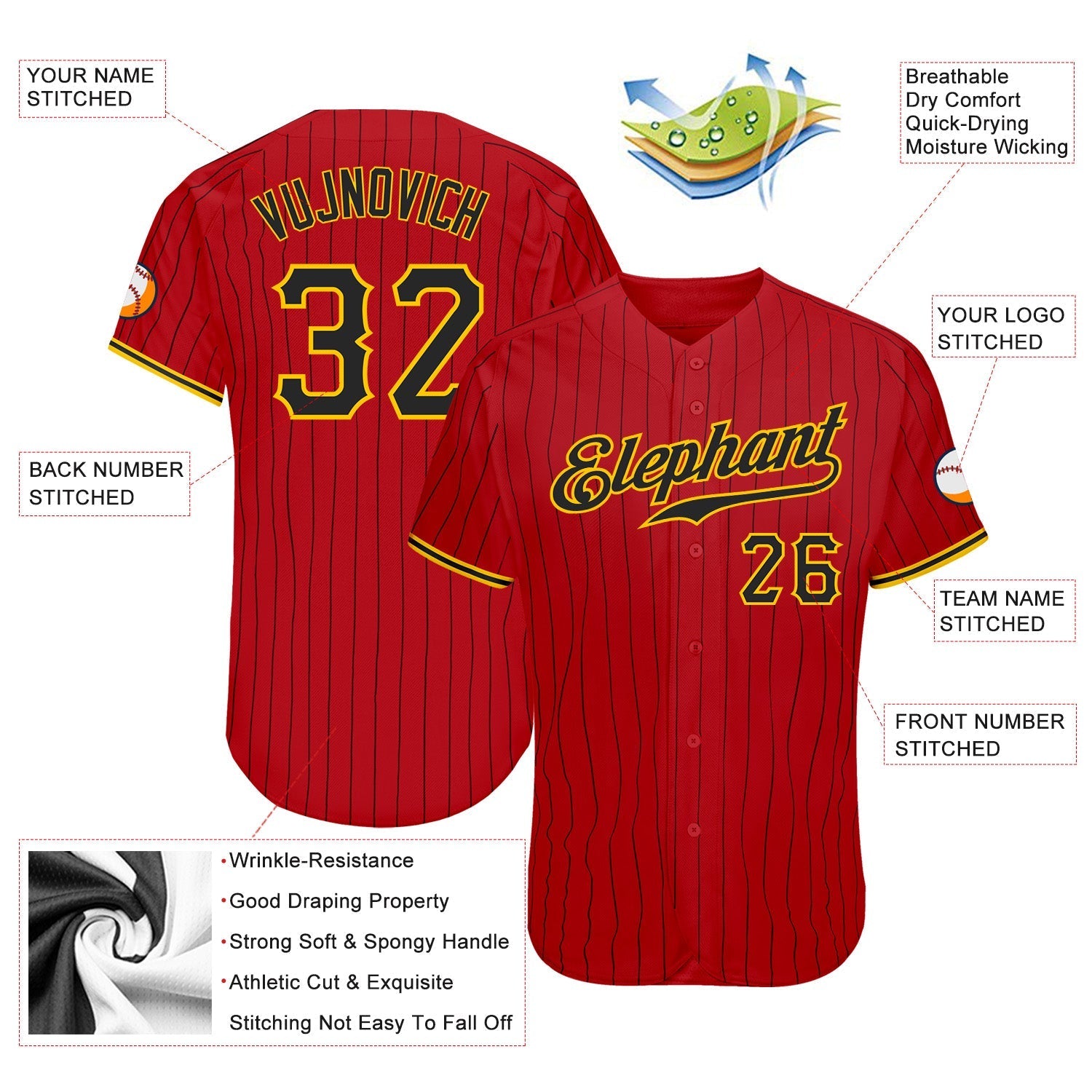 Custom Red Black Pinstripe Black-Gold Authentic Baseball Jersey baseball jersey product view 3