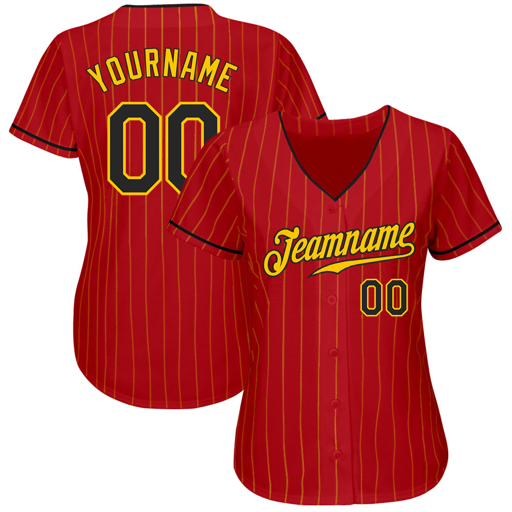 Custom Red Gold Pinstripe Black-Gold Authentic Baseball Jersey baseball jersey product view 2