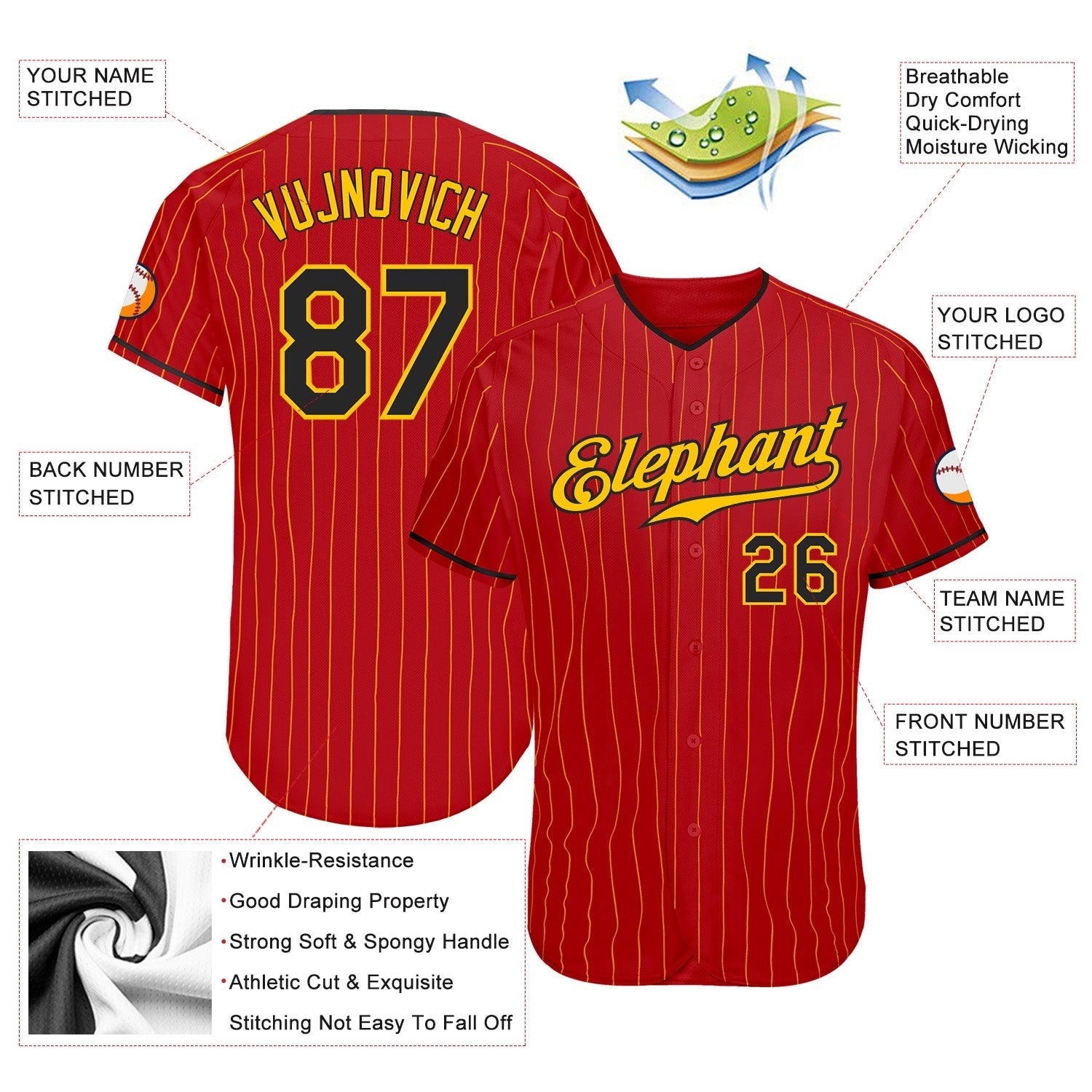 Custom Red Gold Pinstripe Black-Gold Authentic Baseball Jersey baseball jersey product view 3