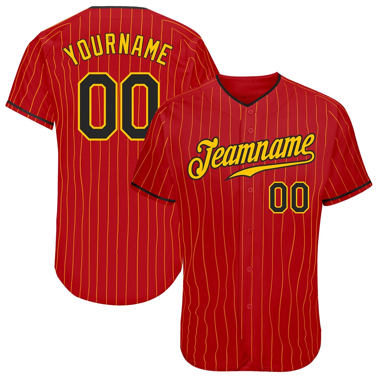 Custom Red Gold Pinstripe Black-Gold Authentic Baseball Jersey baseball jersey product view 1