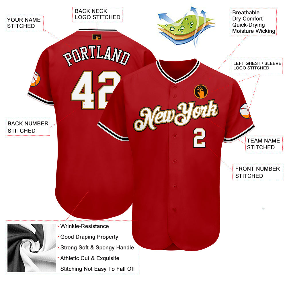 Custom Red White-Old Gold Authentic Baseball Jersey baseball jersey product view 3