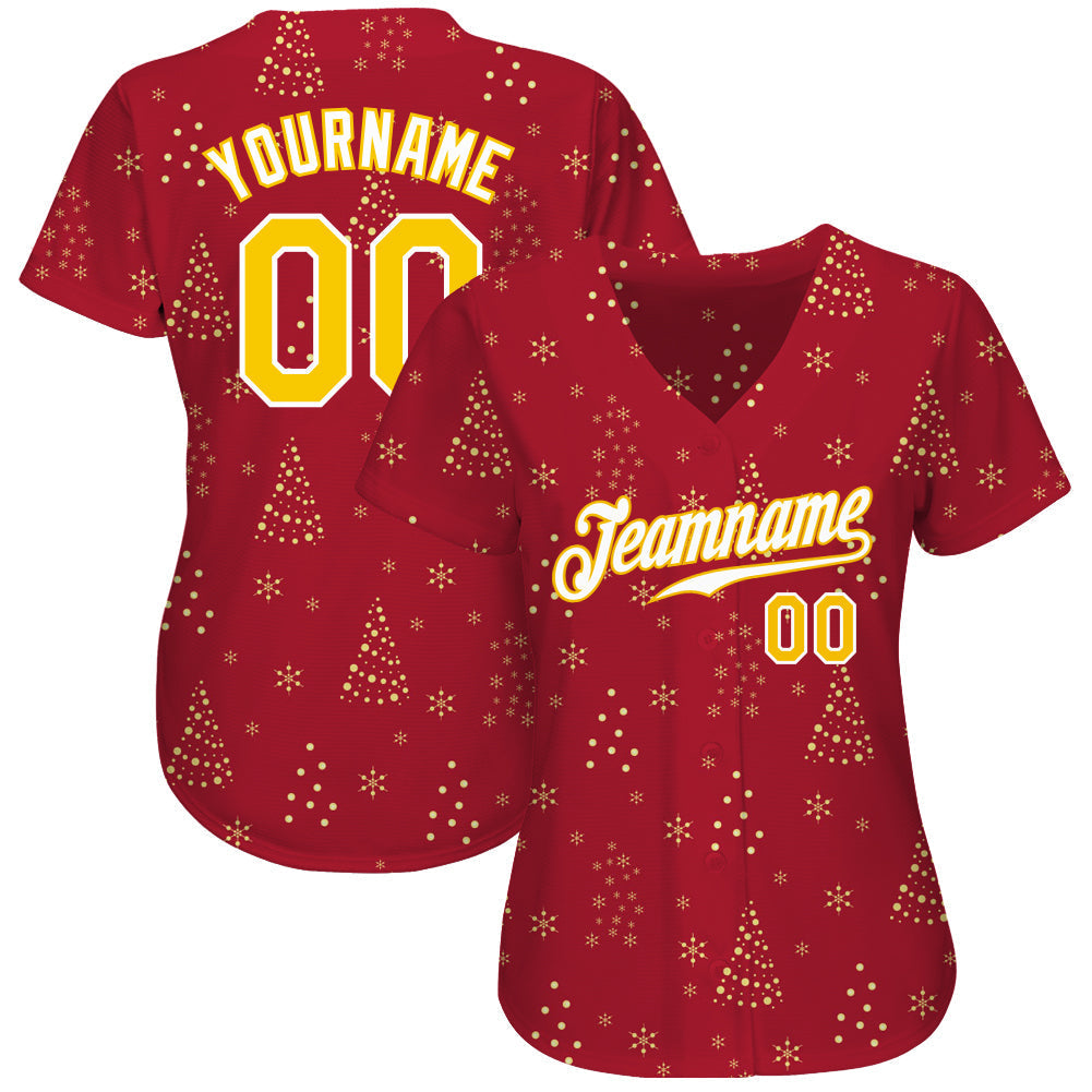 Custom Red Gold-White Christmas 3D Authentic Baseball Jersey baseball jersey product view 2