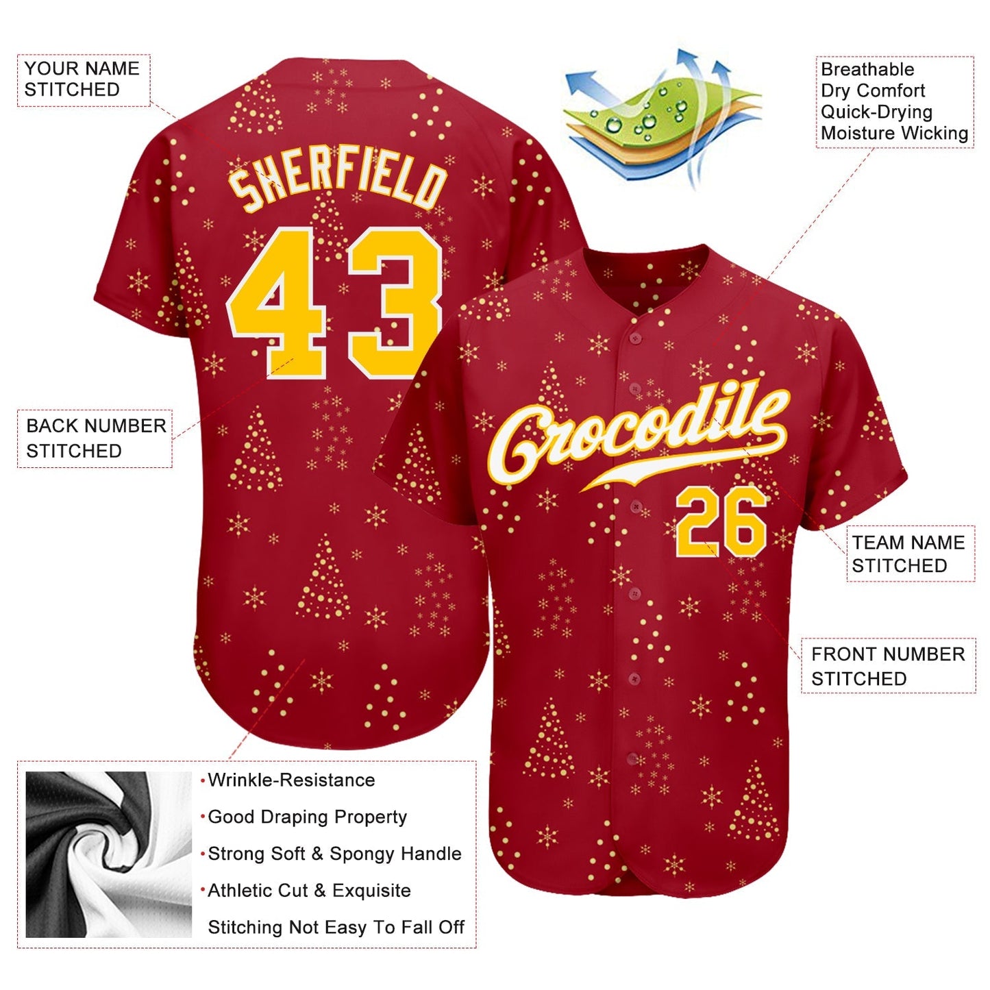 Custom Red Gold-White Christmas 3D Authentic Baseball Jersey baseball jersey product view 3